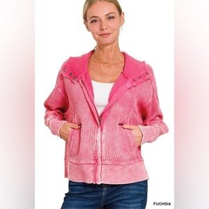 NEW Without Tags. Zenana Acid Wash 100% Cotton Waffle Hooded Zip-Up Jacket.